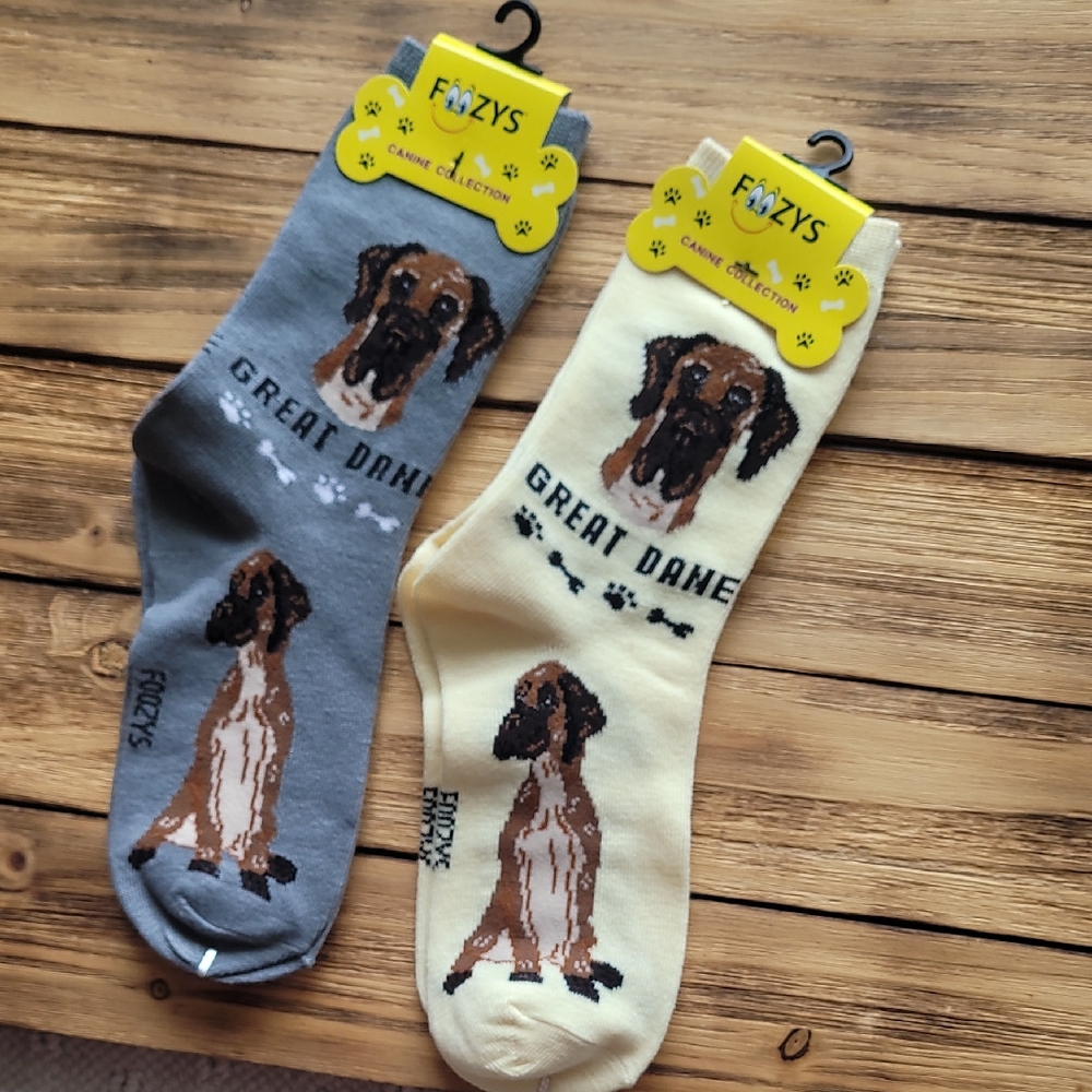 NWT Foozys Great Dane Dog Socks - Gray and Cream 2 Pair Set - Unisex